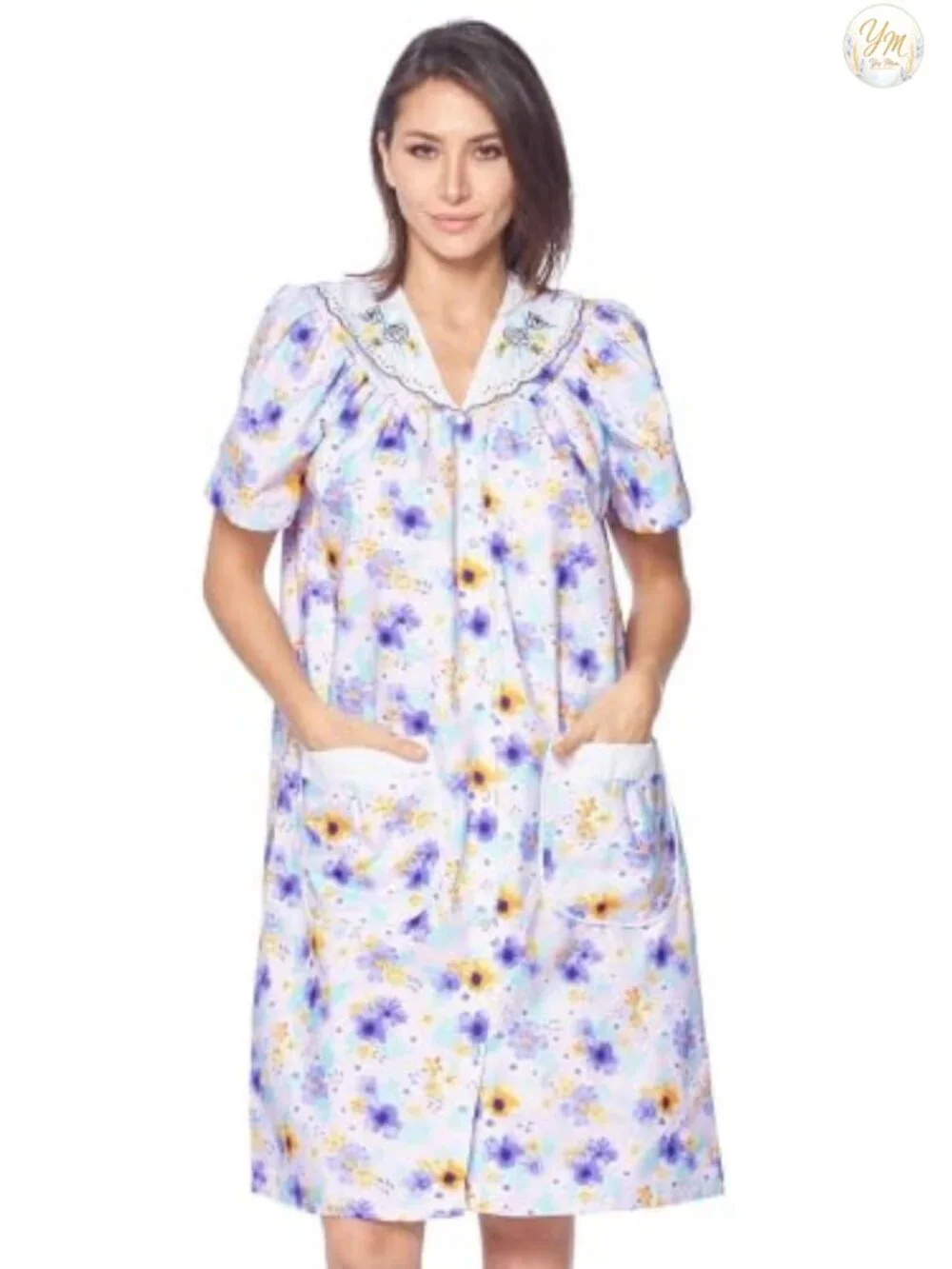 Snap Front House Dress Short Sleeve Woven Robe with Pockets